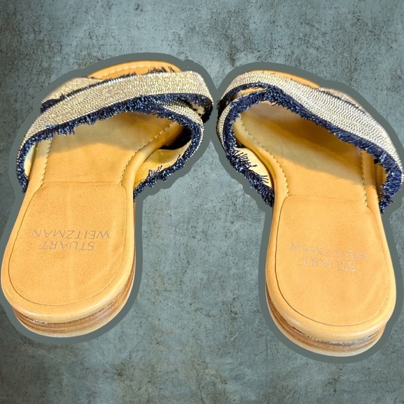 NWOT Stuart Weitzman ‘Edgeway’ Fringe-Trimmed Sandals in Navy Blue & Silver Sz 5 - Picture 9 of 16